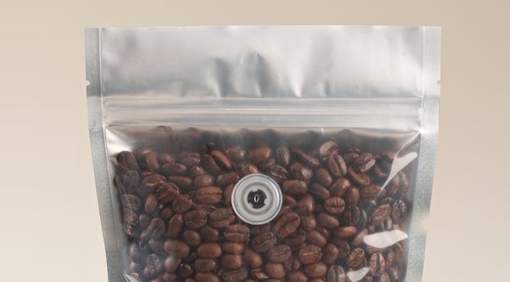 One-way degassing valve on coffee packaging