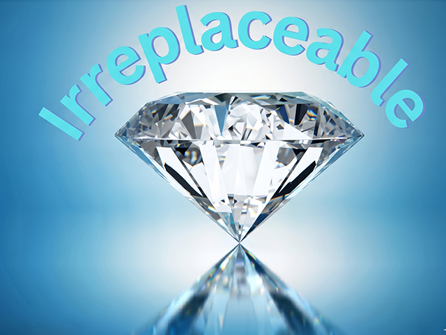 Diamond on a blue gradient with the word 'Irreplaceable' arched above, conveying priceless value.