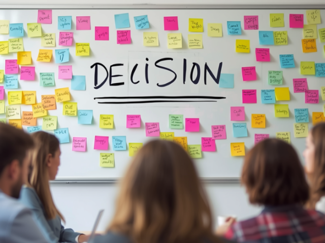 Team in a meeting around a whiteboard covered with colorful sticky notes, centered on the word DECISION with an underline, implying brainstorming/policy planning.
