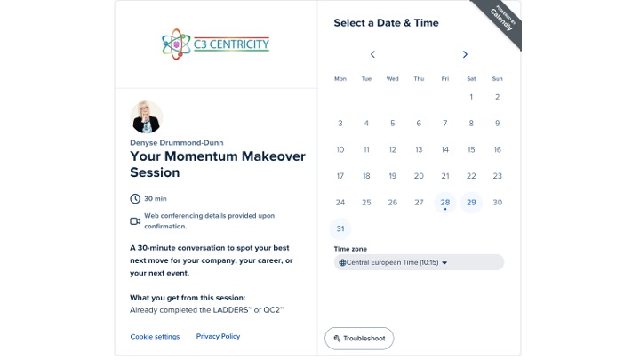 Split-screen booking UI: left panel shows host photo and a 30-minute 'Your Momentum Makeover Session' with details and policy links; right panel displays a calendar to select date and time, plus a time zone control.
