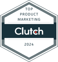 Award badge reading'Top Product Marketing' with 'Clutch' logo and year 2024, indicating a Clutch recognition for product marketing excellence