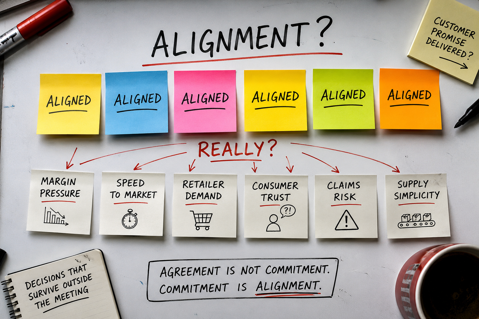 Whiteboard diagram about alignment: top row of colored ALIGNED sticky notes leading to six bottom notes on margins, speed to market, retailer demand, consumer trust, claims risk, and supply simplicity with arrows showing alignment.