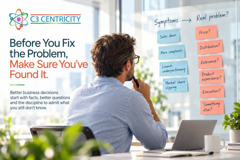 Businessman at a desk examines blue and orange sticky notes on a glass wall beside the C3 Centricity logo and bold headline text.