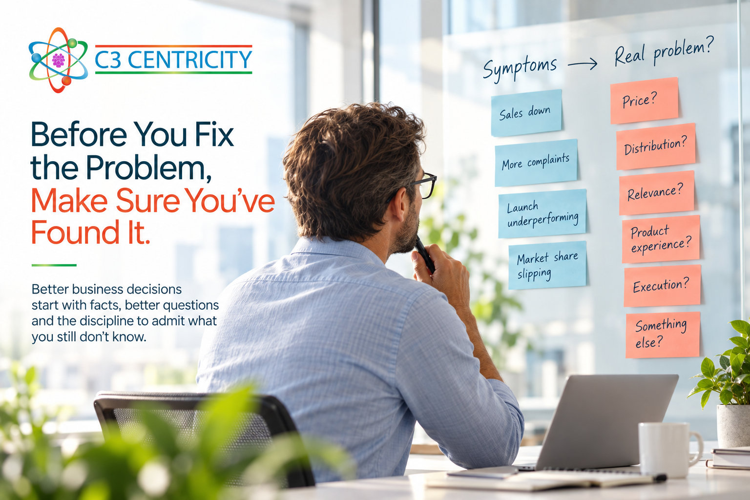 Businessman at a desk examines blue and orange sticky notes on a glass wall beside the C3 Centricity logo and bold headline text.